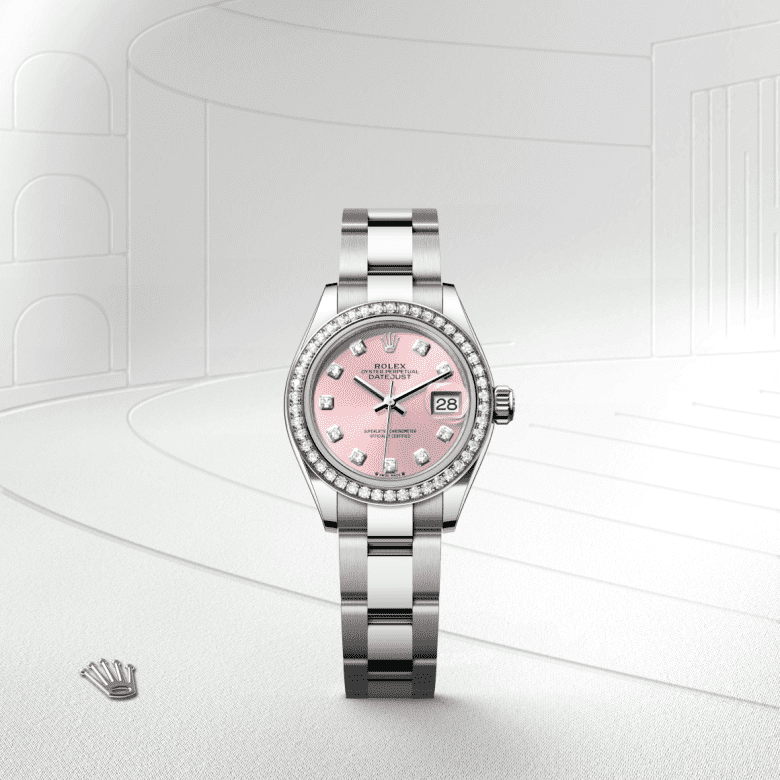 Lady-Datejust Oyster, 28 mm, Oystersteel, Weißgold und Diamanten